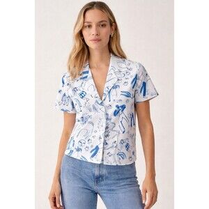 Reformation Drake  Button Down top Joey Yu Graphic White Blue Women’s XS Shirt